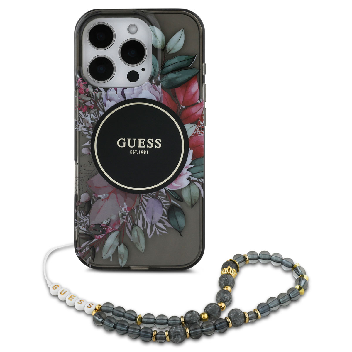 Guess MagSafe IML Flowers Case avec beads strap pour Apple iPhone 16 Pro - Noir