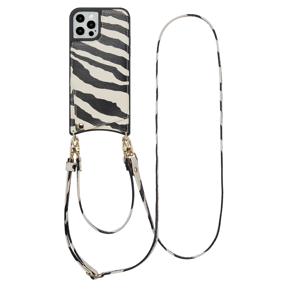 Selencia Coque de t&eacute;lephone Nova avec cordon et porte-cartes iPhone 12 (Pro) - Zazzy Zebra