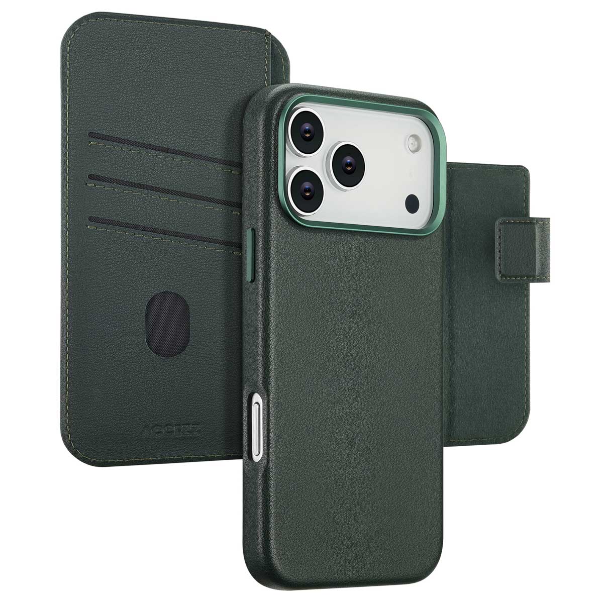 ACCEZZ Etui de t&eacute;lephone portefeuille en cuir 2-en-1 avec MagSafe pour iPhone 17 Pro Max - Cedar Green