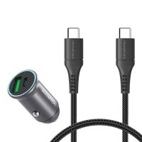 iMoshion ﻿Mini chargeur de voiture - 2 ports - USB-A Quick Charge - USB-C Power Delivery - 60 Watts - Noir + Câble USB-C vers USB-C tressé - 0,5 mètre - Noir