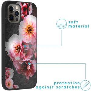 iMoshion Coque Design iPhone 12 (Pro) - Fleur - Rose / Noir