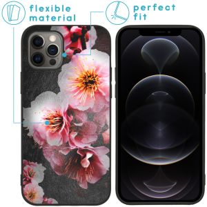 iMoshion Coque Design iPhone 12 (Pro) - Fleur - Rose / Noir