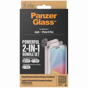 PanzerGlass ﻿Pack 2-en-1 - Protection d'écran antibactérienne Ultra-Wide Fit avec applicateur + Protection de caméra iPhone 15 Plus
