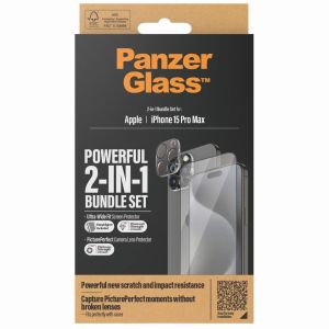 PanzerGlass ﻿Pack 2-en-1 - Protection d'écran antibactérienne Ultra-Wide Fit avec applicateur + Protection de caméra iPhone 15 Pro Max