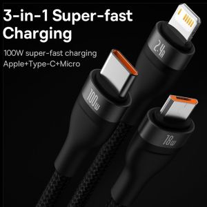 Baseus Flash Series 2 câble de charge rapide 3 en 1 - USB-A vers USB-C / Lightning / Micro-USB - 100 Watt - 1,5 mètres - Noir