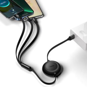 Baseus Bright Mirror 2 Series - Câble de charge rapide rétractable 3-en-1 - USB-A vers USB-C / Lightning / Micro USB - 66 Watt - Noir