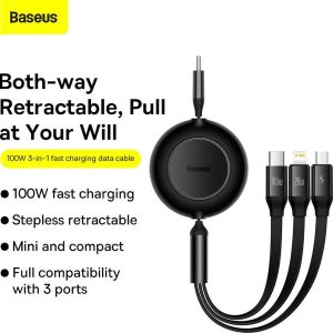 Baseus Bright Mirror 2 Series - Câble de charge rapide rétractable 3-en-1 - USB-C vers USB-C / Lightning / Micro USB - 100 Watt - Noir