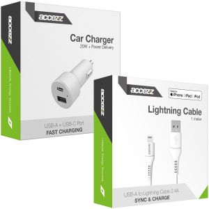 Accezz Chargeur de voiture avec câble Lightning vers USB - Chargeur voiture - certifié MFi - 20 Watt - 1 mètre - Blanc