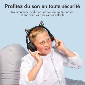iMoshion Casque pour enfants Bluetooth LED oreilles de chat - Casque sans fil + Câble AUX - Noir