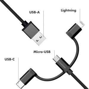 iMoshion Chargeur de voiture avec Câble 3-en-1 - Câble Lightning, USB-C et Micro-USB - Tissu tressé - 1,5 mètres - Noir