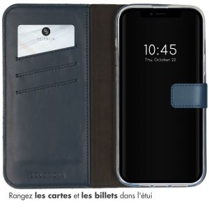 Selencia Étui de téléphone portefeuille en cuir véritable iPhone 14 Plus - Bleu