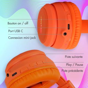 iMoshion Casque pour enfants Bluetooth LED oreilles de chat - Casque sans fil + Câble AUX - Orange