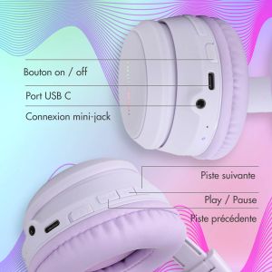 iMoshion Casque pour enfants Bluetooth LED oreilles de chat - Casque sans fil + Câble AUX - Violet clair