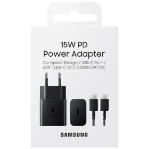Samsung Adaptateur secteur original avec câble USB-C - Chargeur - Connexion USB-C et USB - Charge rapide - 15 Watt - 1 mètre - Noir