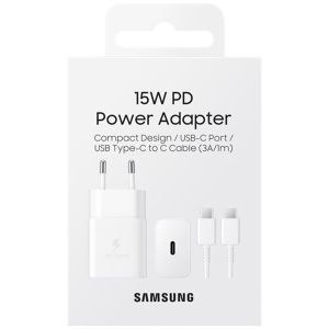 Samsung Adaptateur secteur original avec câble USB-C - Chargeur - Connexion USB-C et USB - Charge rapide - 15 Watt - 1 mètre - Blanc