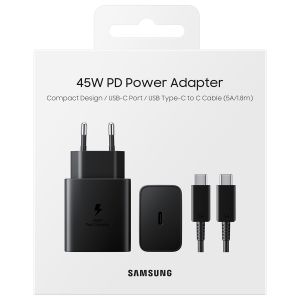 Samsung Adaptateur secteur original avec câble USB-C - Chargeur - Connexion USB-C et USB - Charge rapide - 45 Watt - 1,8 mètres - Noir