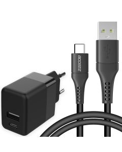 Accezz Chargeur Mural avec câble USB-C vers USB - Chargeur - 20 Watt - 1 mètre - Noir