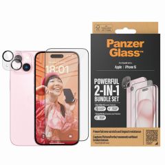 PanzerGlass ﻿Pack 2-en-1 - Protection d'écran antibactérienne Ultra-Wide Fit avec applicateur + Protection de caméra iPhone 15