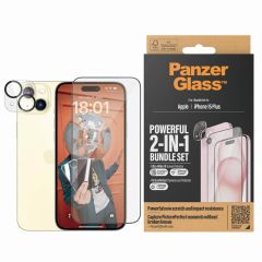 PanzerGlass ﻿Pack 2-en-1 - Protection d'écran antibactérienne Ultra-Wide Fit avec applicateur + Protection de caméra iPhone 15 Plus
