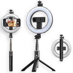 iMoshion Perche à selfie Bluetooth Pro 3 en 1 + trépied + Lumière de remplissage annulaire de 6 pouces - Téléphone à lampe annulaire - Perche à selfie Bluetooth - Lampe annulaire avec trépied - Réglable - Noir