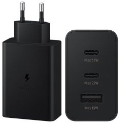 Samsung Original Power Adapter Trio - Chargeur - 2x connexion USB-C et 1x USB - Charge rapide - 65W - Noir