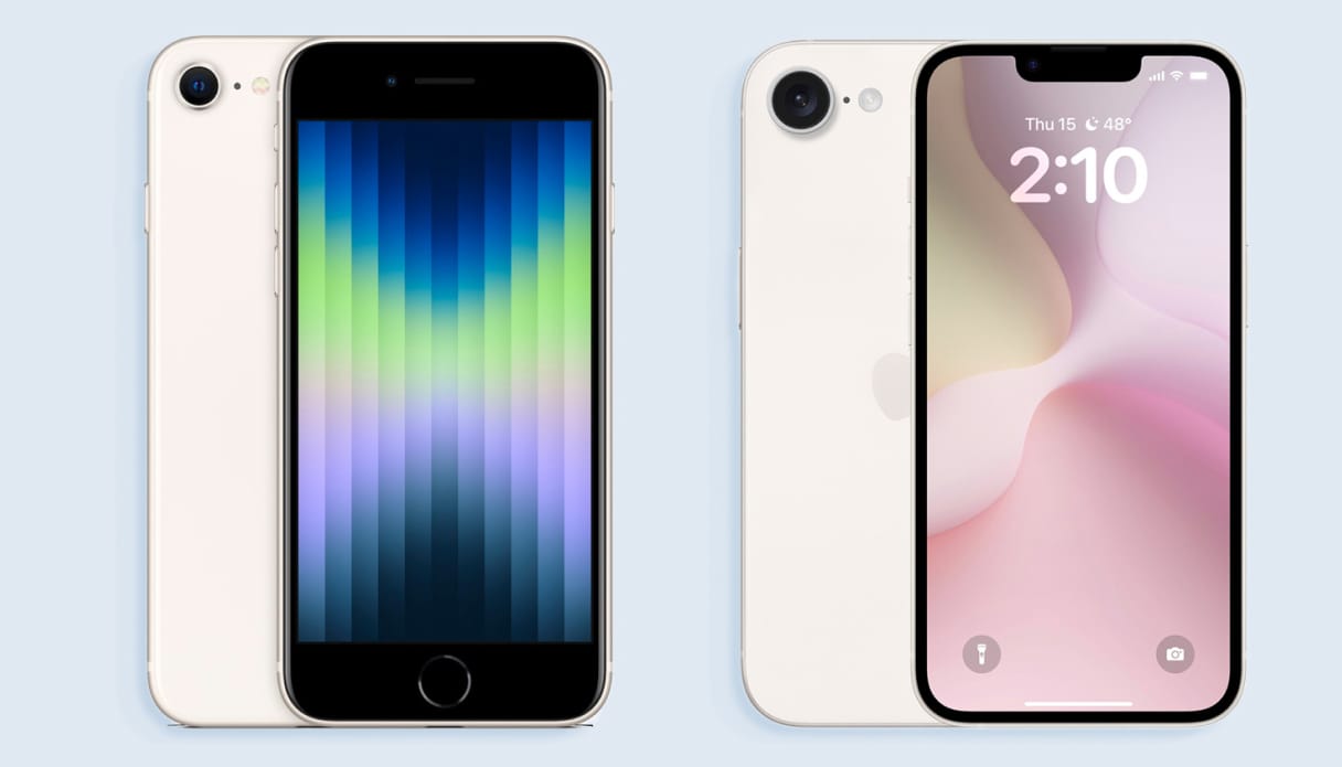 Le design de l'iPhone SE 2022 et le possible design de l'iPhone SE 2025 côte à côte.