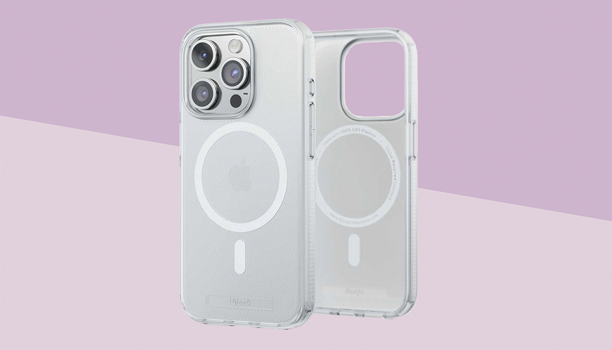 Un &eacute;tui MagSafe transparent pour l'iPhone, la coque est une backcover et l'arri&egrave;re-plan est violet.