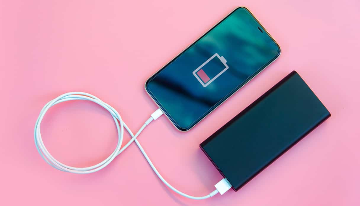 Flatlay sur un fond rose d'un smartphone en charge grâce à une batterie externe.