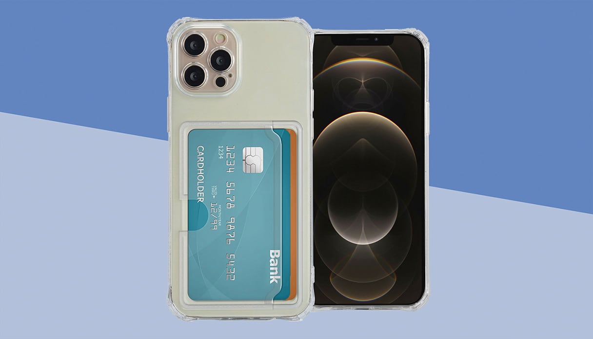 Une coque arri&egrave;re avec porte-cartes, le t&eacute;l&eacute;phone est un iPhone.