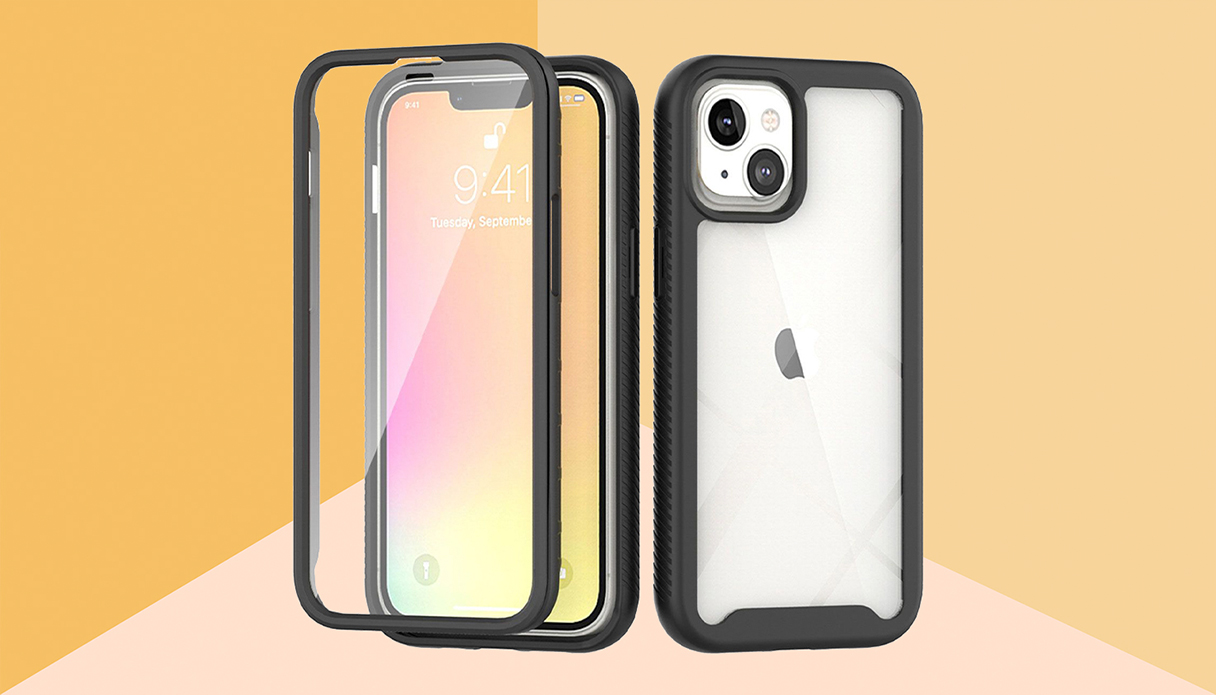 Un iPhone avec une coque de t&eacute;l&eacute;phone transparente de protection int&eacute;grale avec une bordure noire, l'arri&egrave;re-plan est jaune.