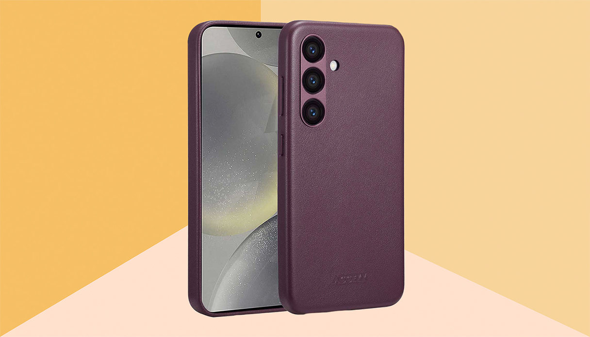 Un Samsung avec une coque de t&eacute;l&eacute;phone en cuir violet avec un fond jaune, la coque est une backcover.
