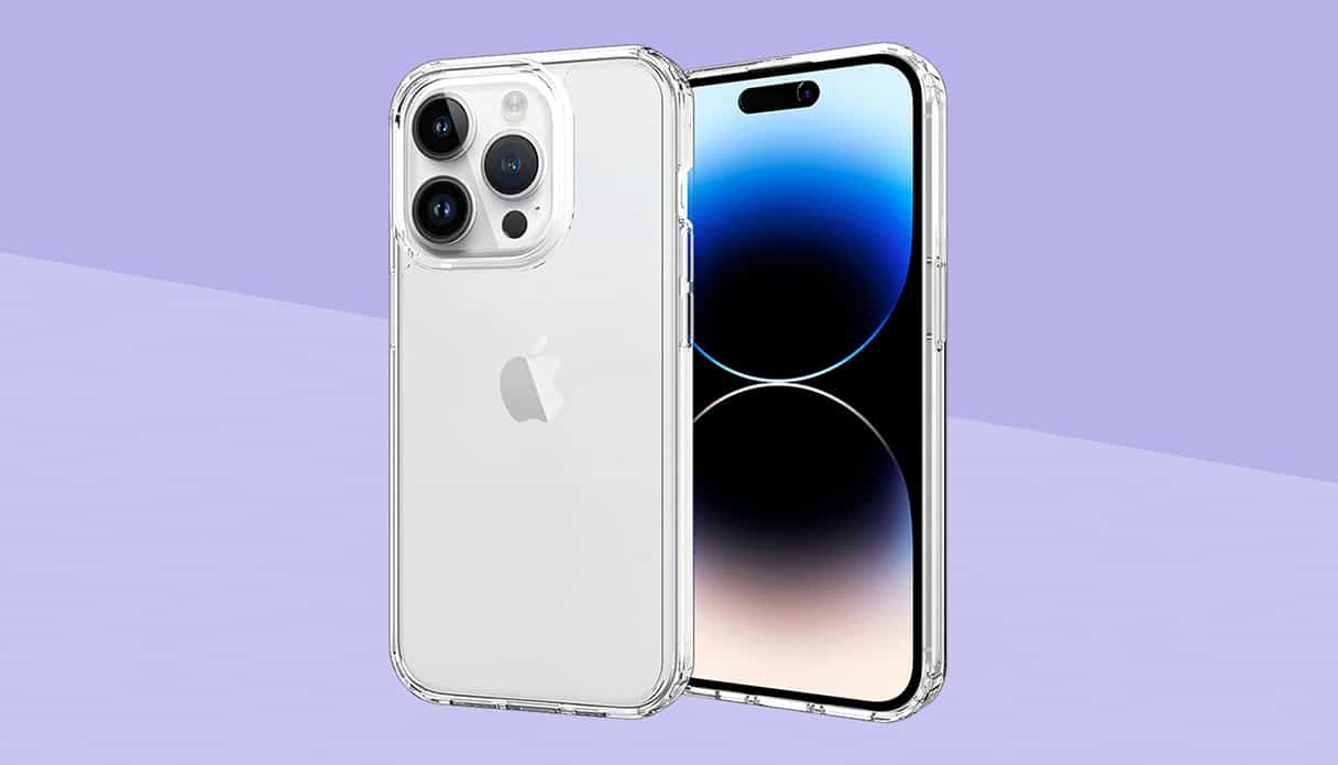 Une coque de t&eacute;l&eacute;phone transparente avec rev&ecirc;tement antiadh&eacute;sif est au centre avec un fond de couleur violette.