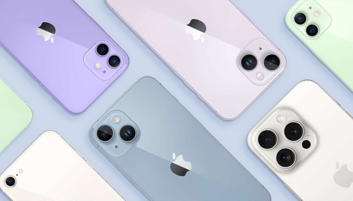 Une photo à plat de différents modèles d'iPhone dans des couleurs variées.