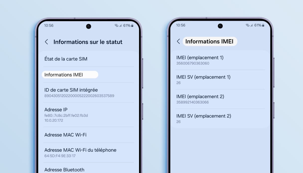 &Eacute;cran Samsung expliquant comment trouver le num&eacute;ro d'heure dans les param&egrave;tres.