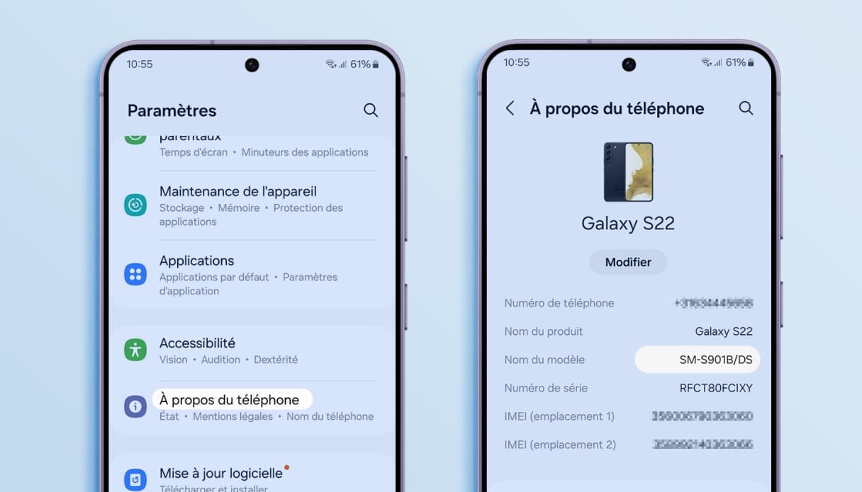 Samsung affiche une explication sur la mani&egrave;re de trouver le nom ou le num&eacute;ro d'un mod&egrave;le via les param&egrave;tres.