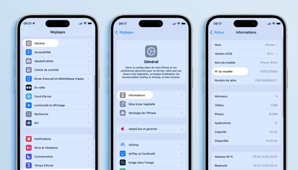 Écrans d'iPhone avec une explication sur la façon de trouver un numéro de modèle via les réglages.