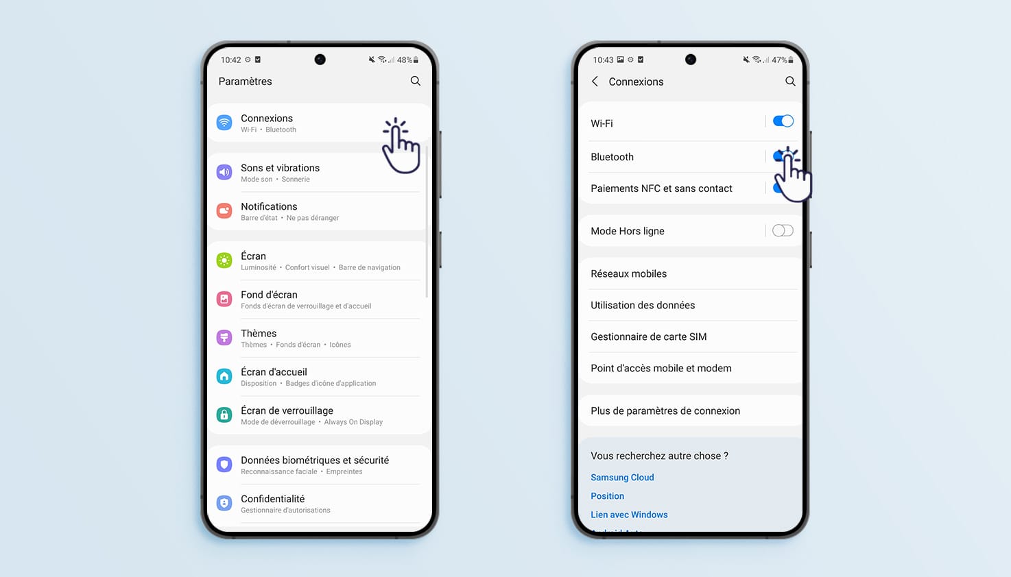 Instructions pour activer le Bluetooth sur un t&eacute;l&eacute;phone Samsung.