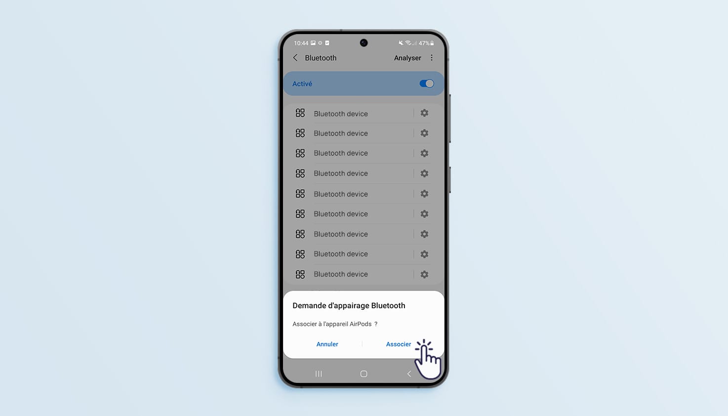 Instructions pour confirmer l'appairage des Apple AirPods sur le t&eacute;l&eacute;phone Samsung.