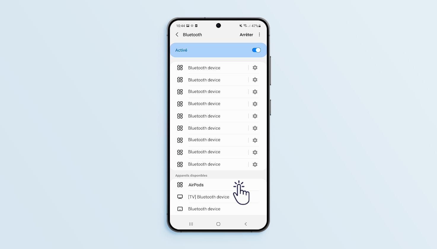 Instructions pour rechercher et connecter le Samsung aux Apple AirPods.