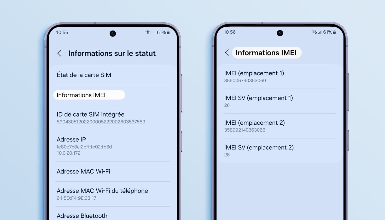 &Eacute;cran Samsung expliquant comment trouver le num&eacute;ro d'heure dans les param&egrave;tres.
