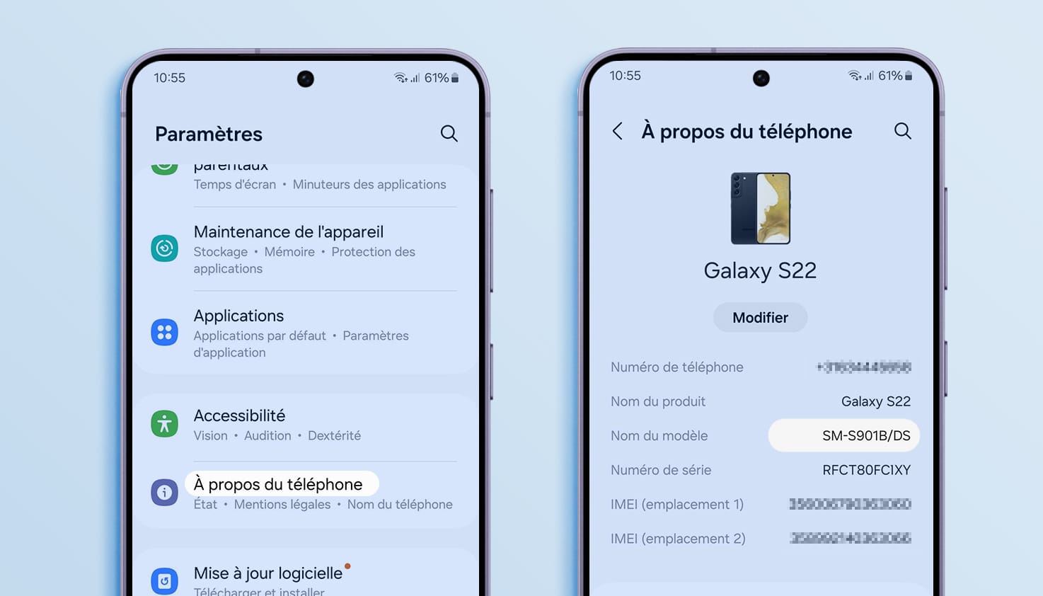 Samsung affiche une explication sur la mani&egrave;re de trouver le nom ou le num&eacute;ro d'un mod&egrave;le via les param&egrave;tres.