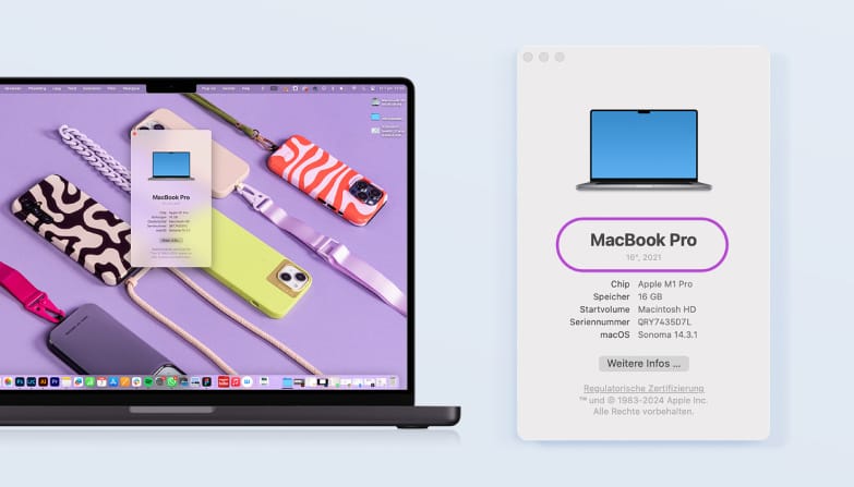 Écran de Macbook avec explication pour trouver un numéro de modèle via le menu Apple.