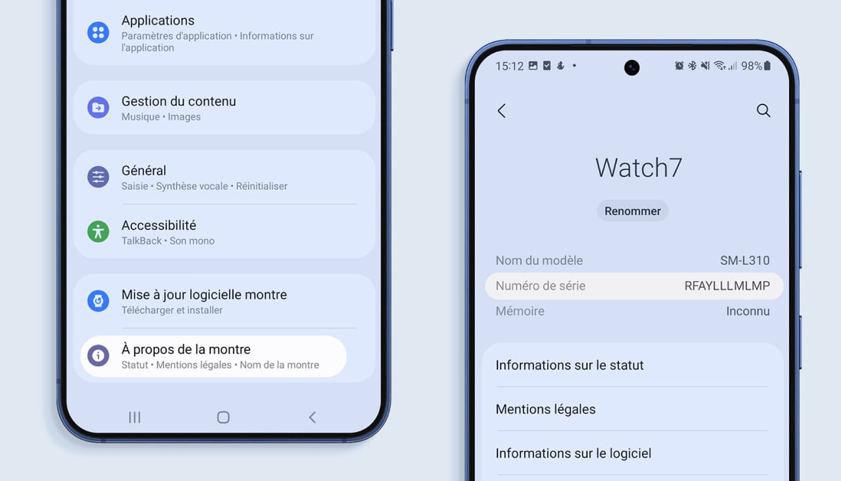 Les param&egrave;tres de ton t&eacute;l&eacute;phone pour retrouver le num&eacute;ro de s&eacute;rie de ta Samsung Watch.
