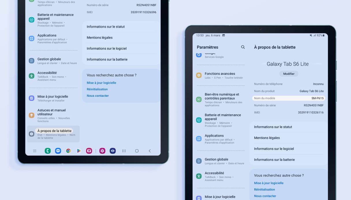 Aperçu des paramètres d'une tablette Samsung.