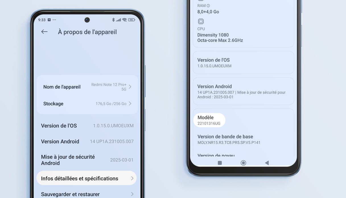 &Eacute;crans Android avec une explication sur la fa&ccedil;on de trouver un nom ou un num&eacute;ro de mod&egrave;le via les param&egrave;tres.