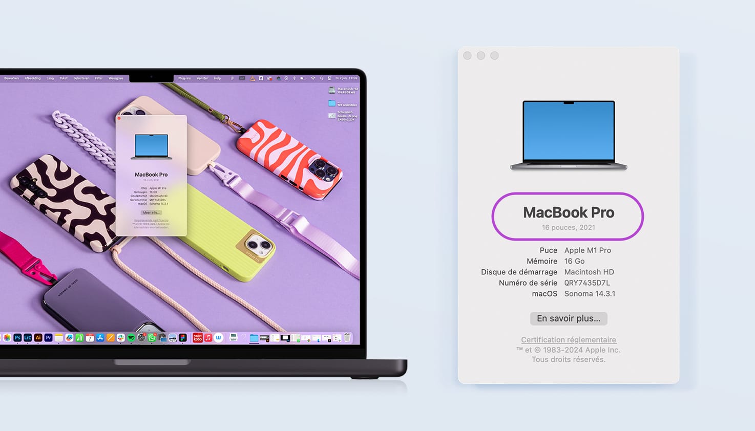 Écran de Macbook avec explication pour trouver un numéro de modèle via le menu Apple.
