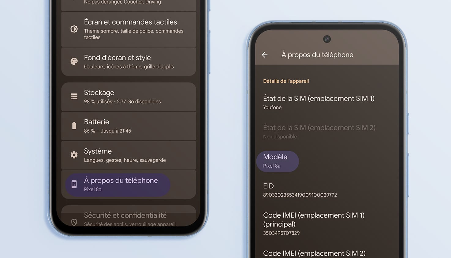 Un t&eacute;l&eacute;phone Google avec des param&egrave;tres.