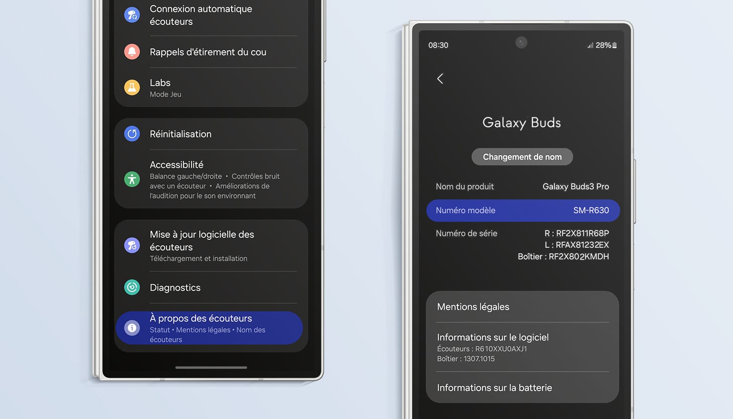 Application Samsung Wearable o&ugrave; tu trouveras le num&eacute;ro de mod&egrave;le de tes Galaxy Buds.
