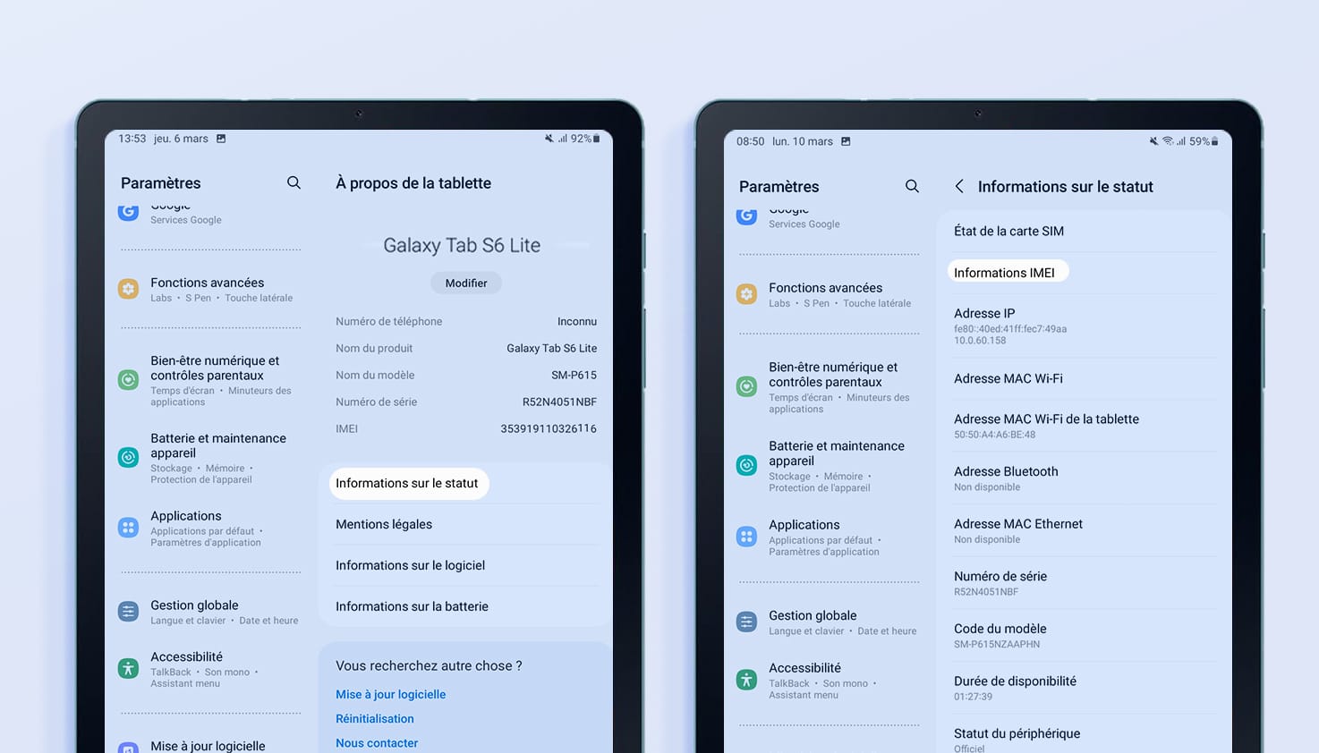 Les paramètres d'une tablette Samsung avec l'emplacement du numéro IMEI.