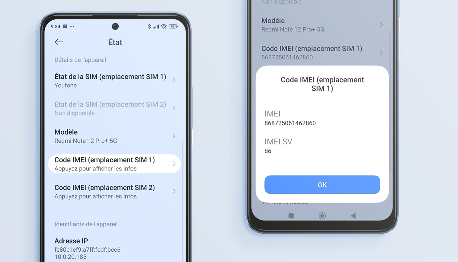 &Eacute;cran Android avec une explication sur la fa&ccedil;on de trouver le num&eacute;ro IMEI via les param&egrave;tres.